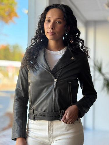 IRO Charcoal Leather Biker Jacket, 38/6