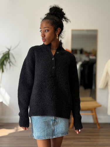 Jenni Kayne Boucle Button Pullover in Black, XSmall