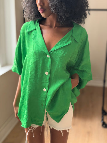 American Vintage Green Floral Satiny Top, Medium
