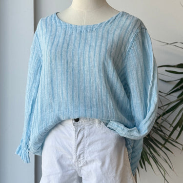 Flax Linen Blue Stripe Top, Medium