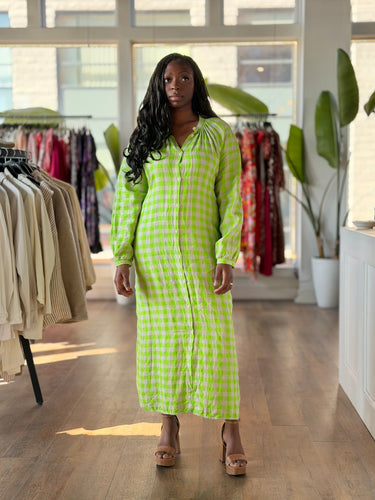 Henrik Vibskov Spring Green Leaf Checkered Linen Dress, Large