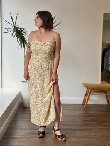 Reformation Lore Yellow Floral Strapless Dress, 10