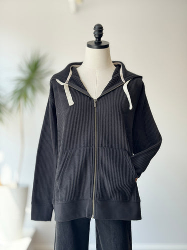LL Bean Black Waffle Full Zip Hoodie, Medium