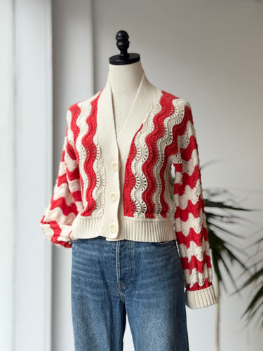 Eleven Six Luna Cropped Chevron Knit Cardigan in Cream & Red, XS/S