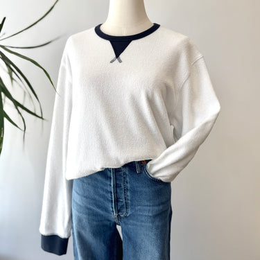 Outerknown White Terrycloth Navy Trim Sweatshirt, Men's Medium