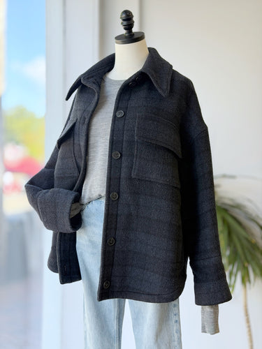 Ba&sh Navy Wool Blend Shirt Jacket, Small