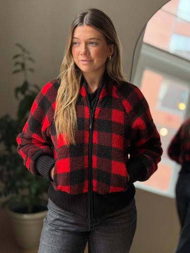 Mother Buffalo Check Funnel Neck Ribbed Jacket, Small