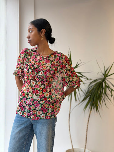 Sezane Watercolor Floral Sheer Blouse, 36/4