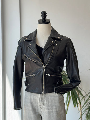 Veda Black Leather Moto Jacket, XSmall