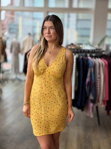 Reformation Calix Yellow Floral Mini Dress, Large