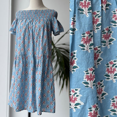 Marea Blue Floral Block Print Dress, Medium