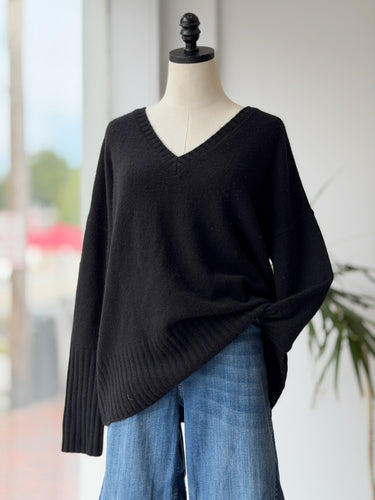 Not Monday Black Cashmere V-Neck Sweater, Medium