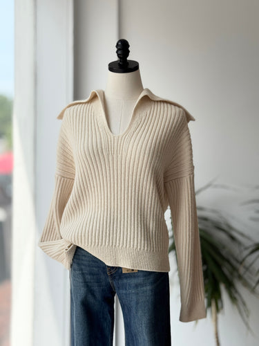 ba&sh Ivory Rib Knit Collared Sweater, 1/Small