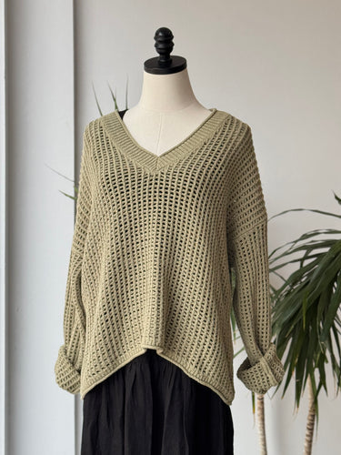 Madewell NWT Open Stitch V-Neck Sweater in Olive, XLarge