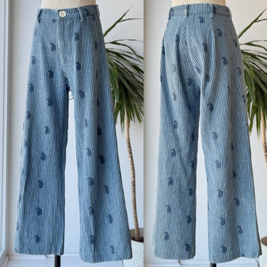 SZ AS IS Block Print Blue Pants - fraying to button hole, Small
