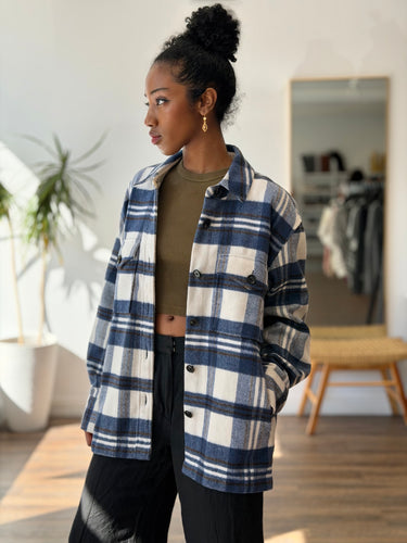 Reformation Ridley Shirt Jacket in Blue Plaid, Small