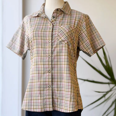 Club Ride Button Down Top in Brown & Pink, Large