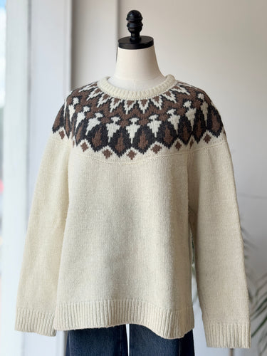LL Bean Cream Fair Isle Wool Sweater, Large