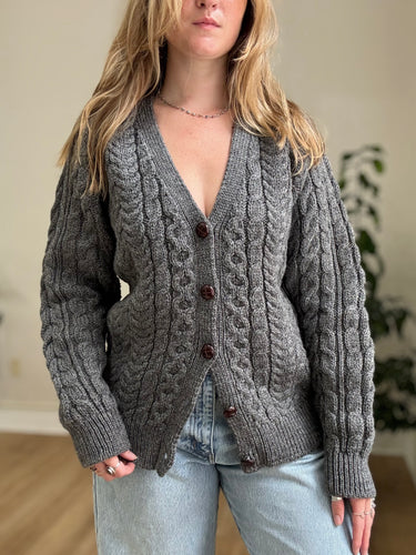 LL Bean Grey Wool Cableknit Cardigan , Small