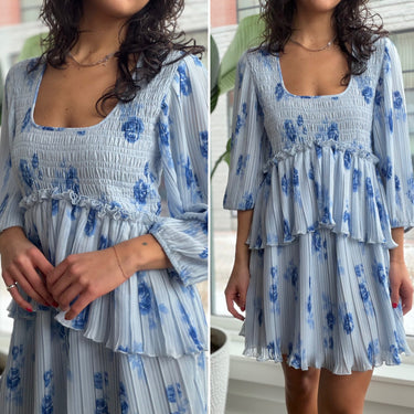 GANNI Pleated Georgette Flounce Smock Mini Dress, 38/6