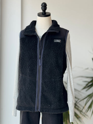 LL Bean Black Teddy Fleece Vest, Medium