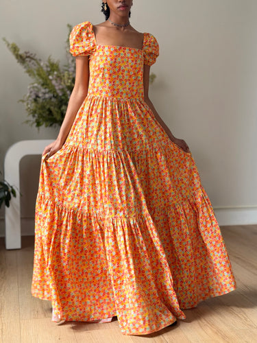 Caroline Constas Orange Floral Tiered Dress, Small