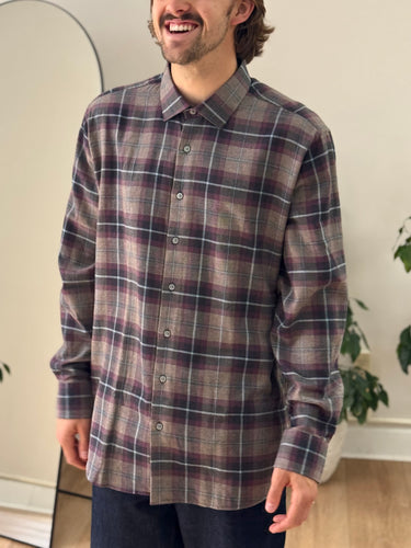 Scott Barber Purple and Grey Plaid Wool/Cotton Blend Button Up, Men's XLarge