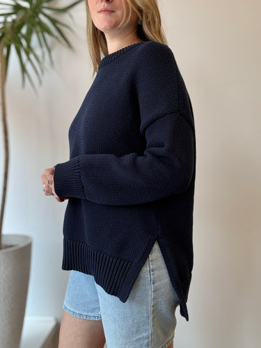 Jenni Kayne Navy Cotton Boyfriend Sweater, Large