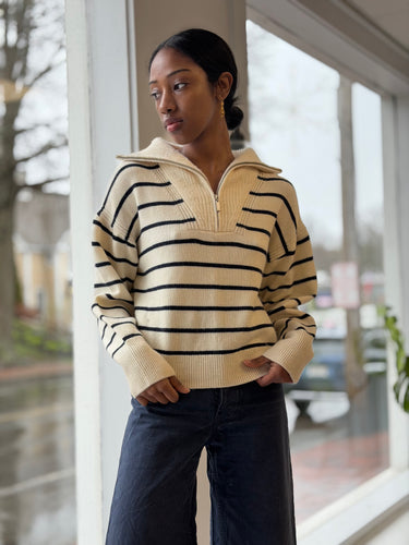 La Ligne 1/4 Zip 100% Wool Striped Sweater, XSmall