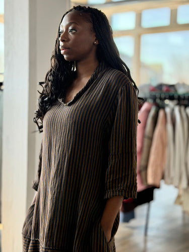 South Street Linen Navy & Camel Striped Linen Midi Dress, 3/Large