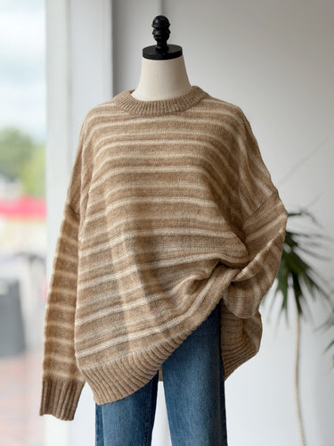 Jenni Kayne NWT Cocoon Crewneck Sweater in Sand Stripe, XLarge