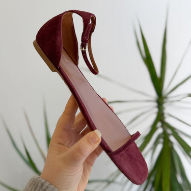 Reformation Mirella Sandals in Burgundy Suede, 9.5