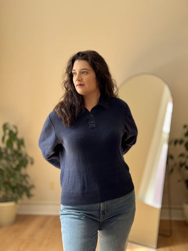 Corridor Navy Collared V Neck Sweater, Medium