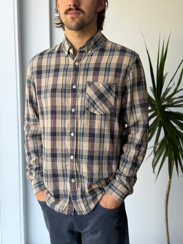 Alex Mill Blue and Tan Plaid Button Up Top, Large