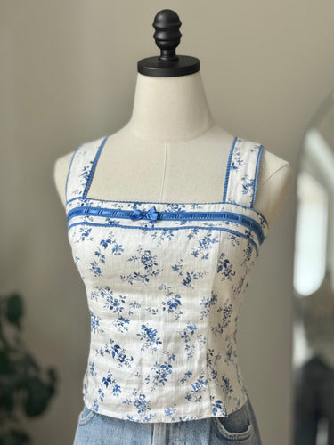 Reformation Blue Floral Linen Top, 4