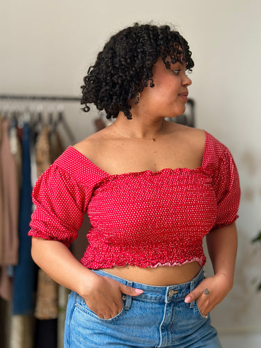 Lisa Says Gah Red Polka Dot Smocked Top, Large