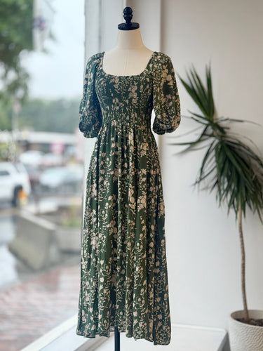 La Ligne Shirred Silk Green Floral Dress, Small