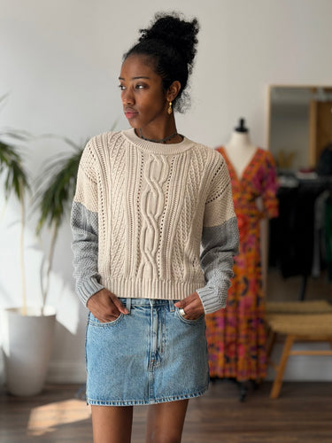 Cotton by Autumn Cashmere Color Block Cable Knit Sweater, Small