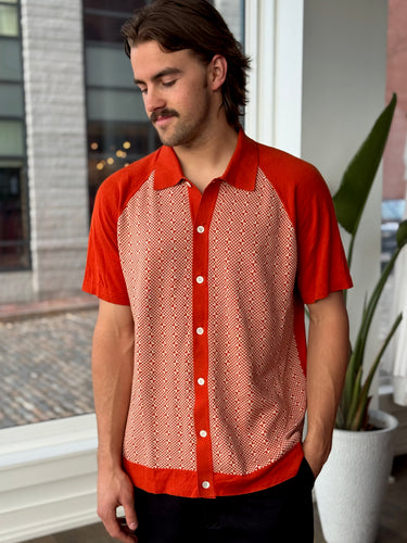 Todd Snyder Orange Check Knit Short Sleeve Shirt, Men's XLarge