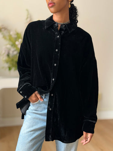 Favorite Daughter Black Velvet Button Up Shirt, Small