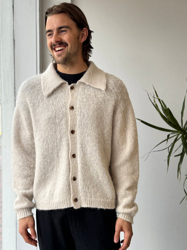California Arts Moonlight Mohair Cardigan in Ecru, Men's Medium