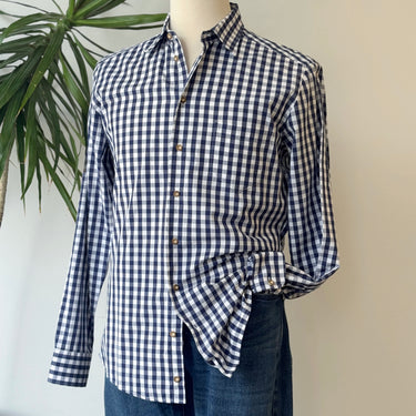 Lodenfrey Men's Navy Gingham Button Up, 40