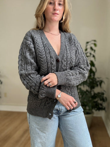 LL Bean Grey Wool Cableknit Cardigan , Small
