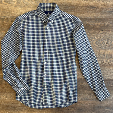 Wool & Prince Plaid Navy Button Down Shirt, Men's Small