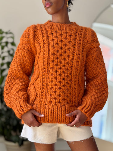 Mr Mittens Aran Crew Neck Wool Sweater in Terracotta, XS/S