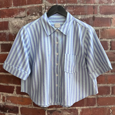Maeve Blue Stripe Crop Button Up, Small