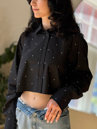 The Noli Shop NWT Cropped Button Up in Black Rhinestone, XSmall