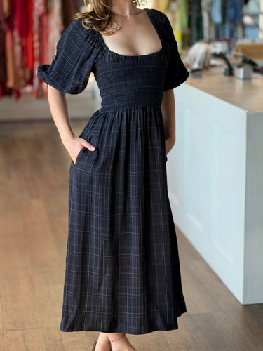 La Ligne Midnight Plaid Smocked Midi Dress, Small