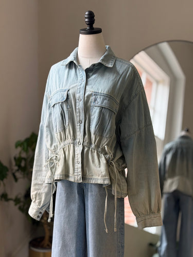 We The Free Blue Ombre Drawstring Denim Jacket, Small