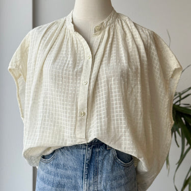 The Great Cream Windowpane Sheer Half Button Top, 1/Small